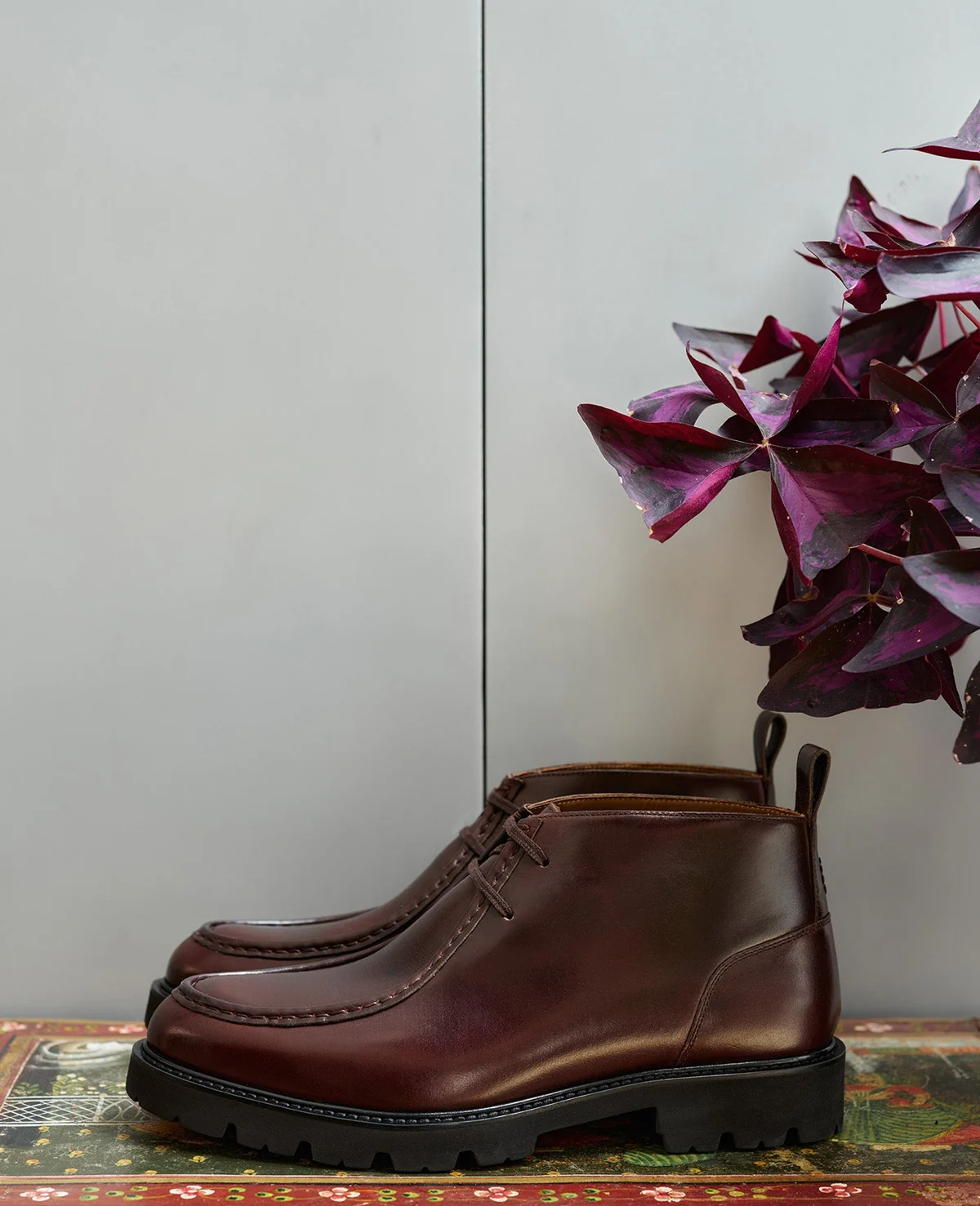Brown leather ankle boot displayed beside a plant