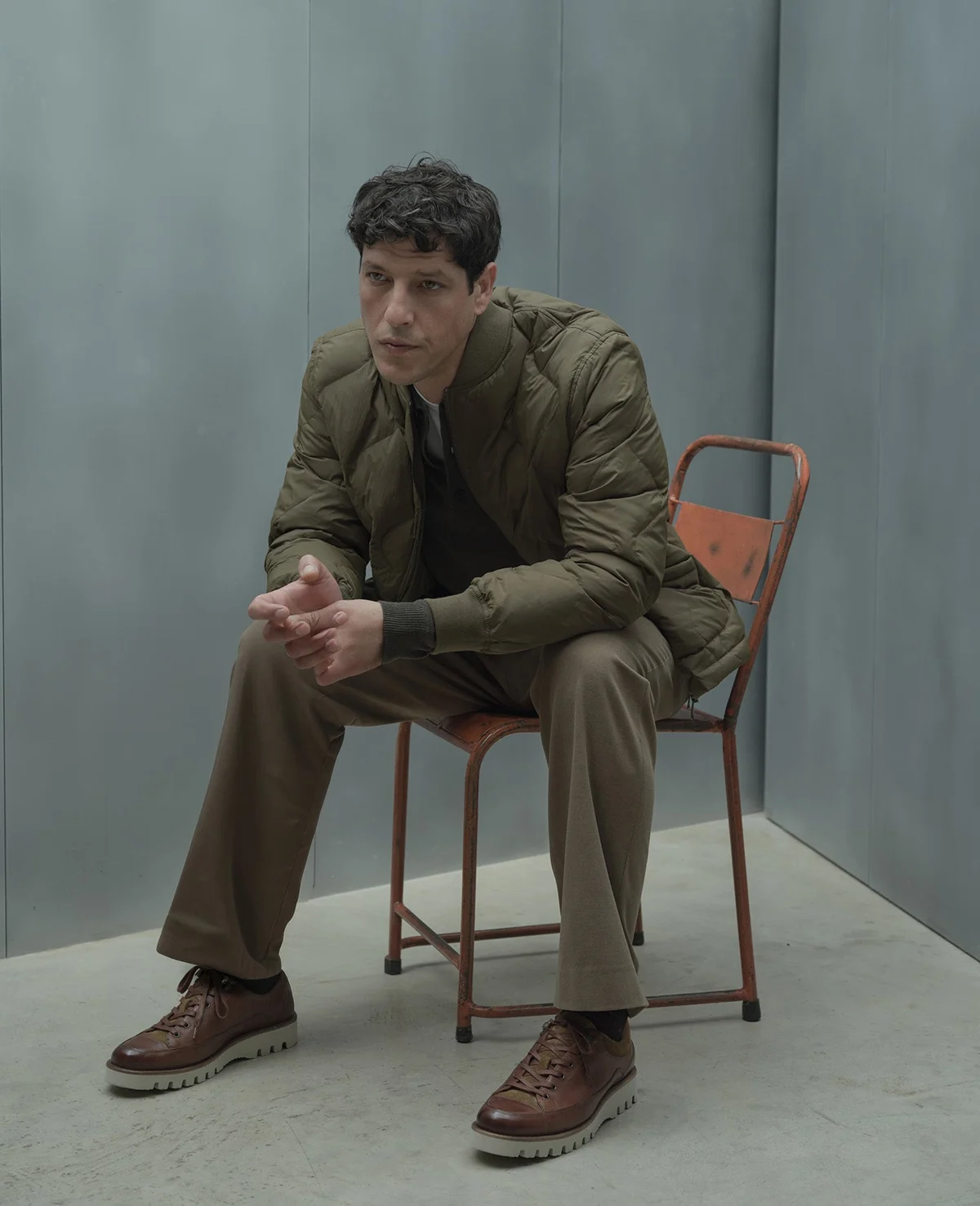 Olive overshirt and trousers styled with brown shoes