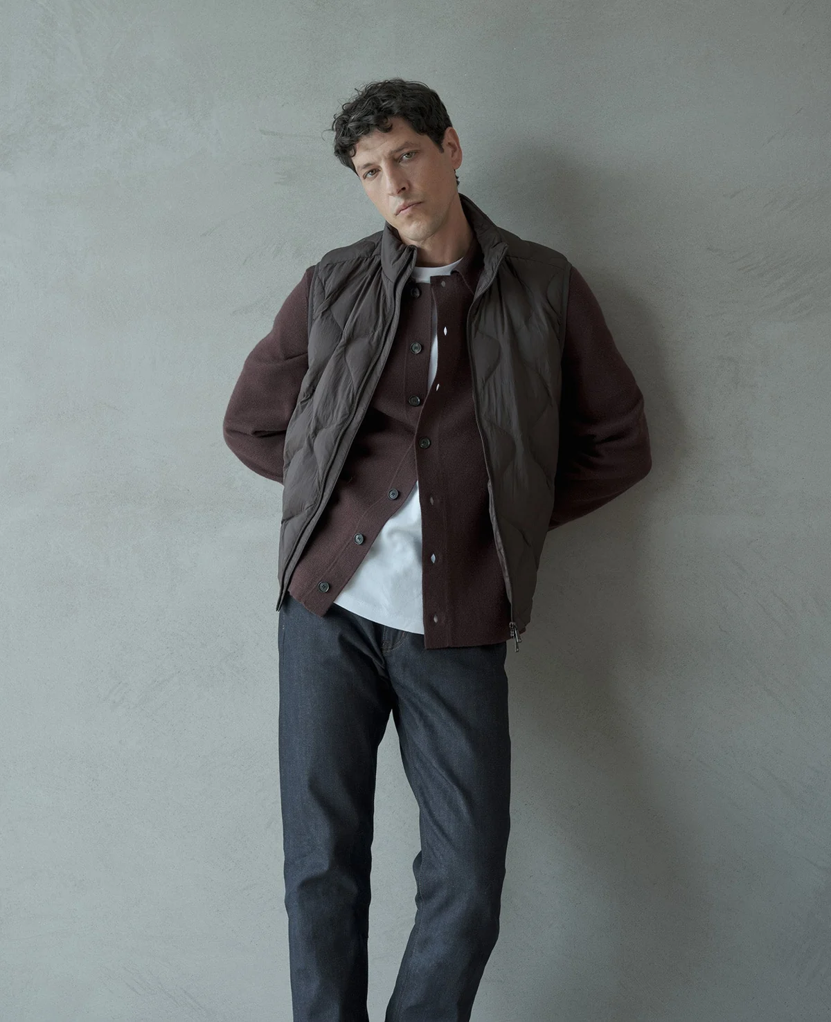 Brown overshirt layered over a white top